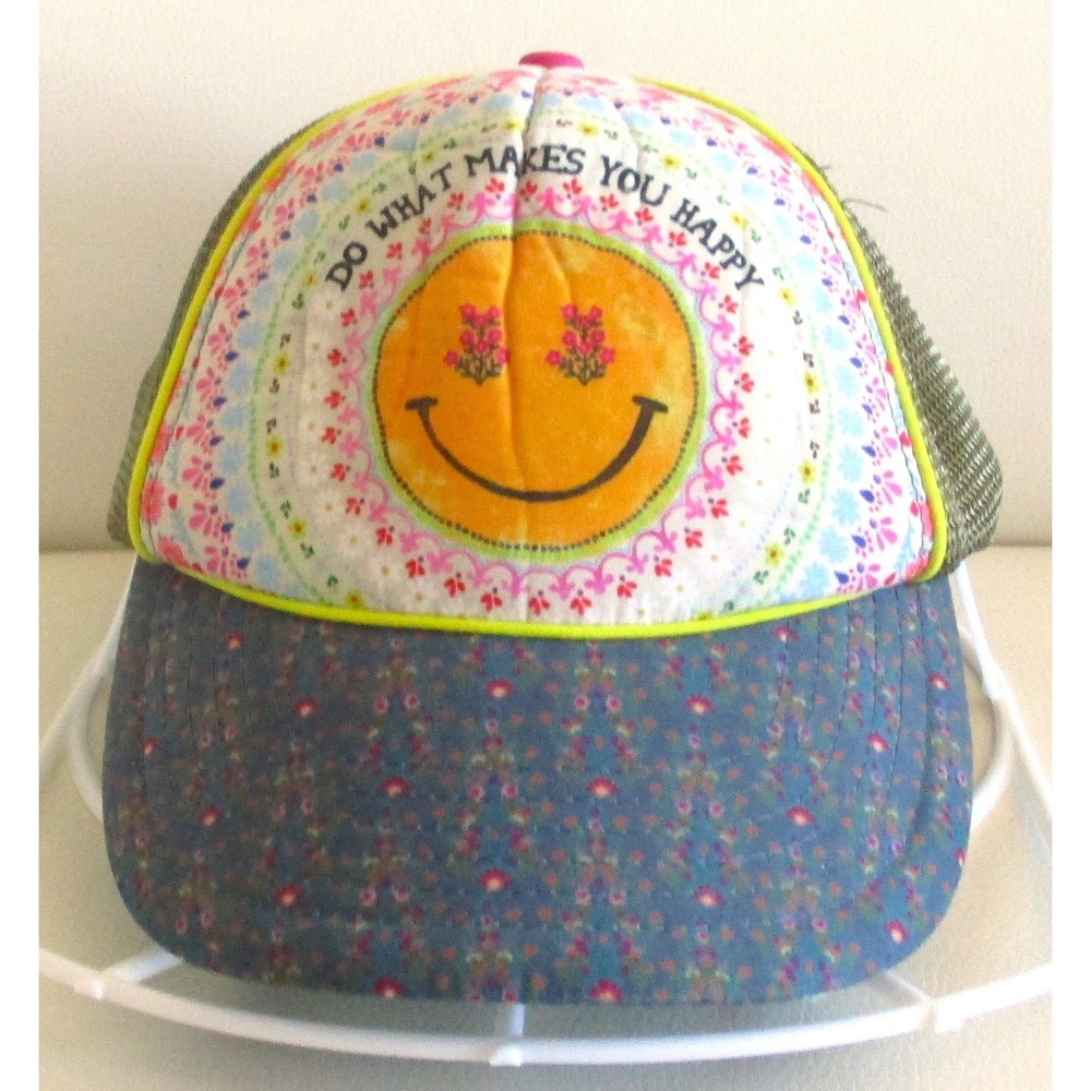 Natural Life Do What Makes You Happy Smiley Face Trucker Hat Floral Mesh Pink - Picture 1 of 7